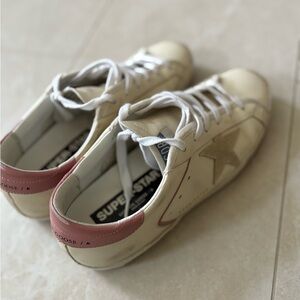 Golden Goose Cream Leather Sneakers with Pink Heel Tab